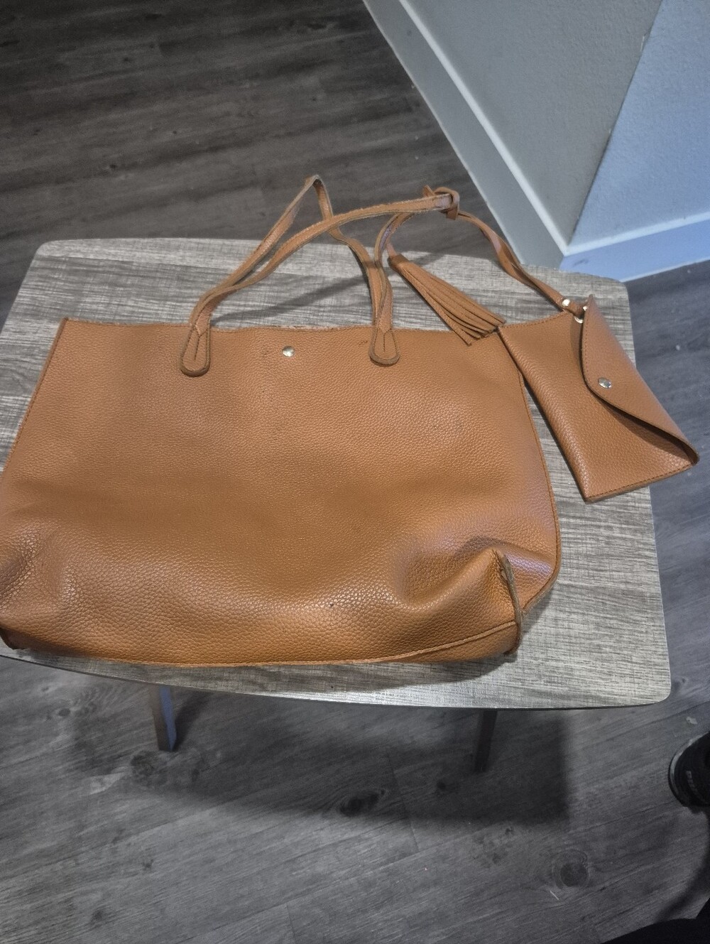 Unbranded Cognac Brown Pebbled Faux Leather Tote Bag + Crossbody Pouch Tassel